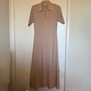 Loft Womens XL Stripe Ribbed Collared Midi Sweater Dress Peach Brown